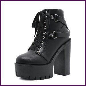 Leather Platform Combat Boots Chunky Heel Lace Up Side Zipper Ankle Boots